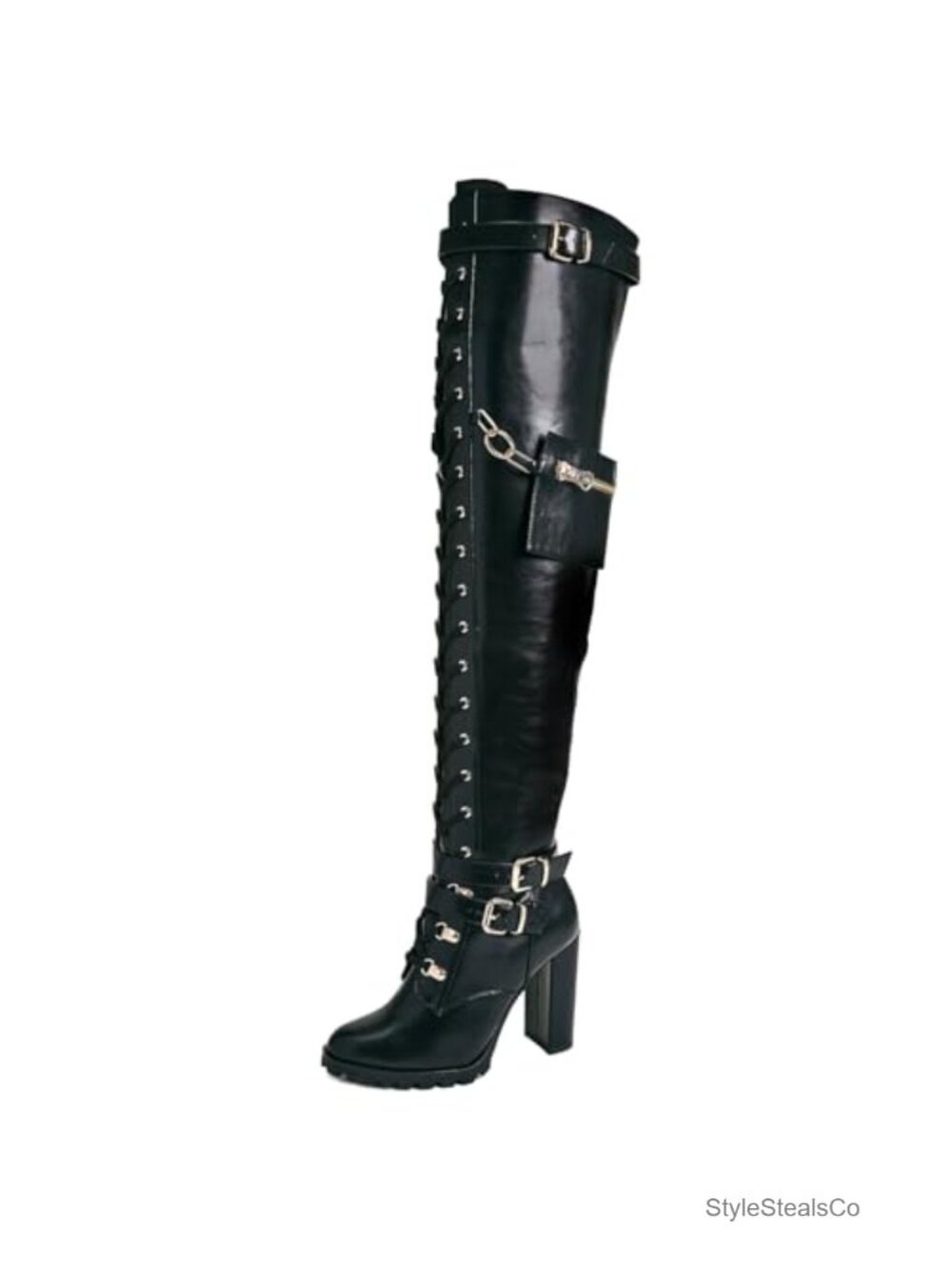 Women's Wide Calf Thigh High Boots Lace Up Block Heel Over The Knee